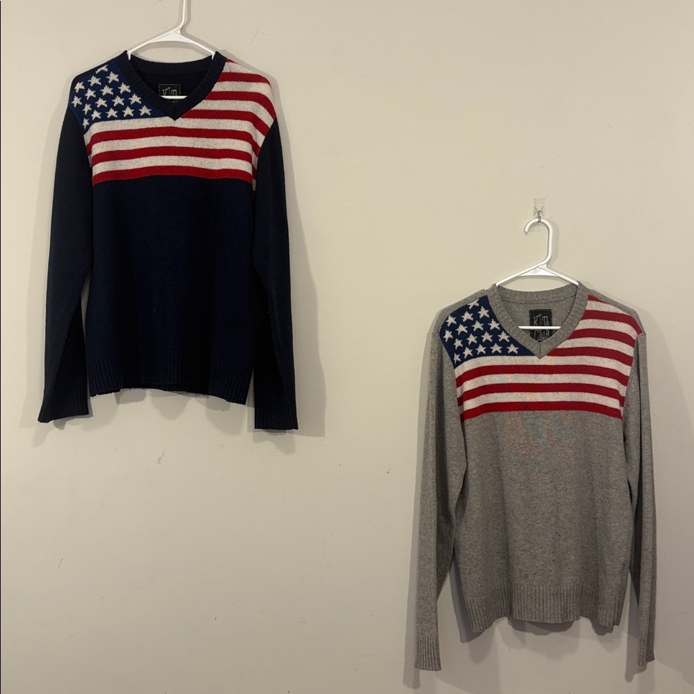 Two July 4th Matching BFF Iconic American Flag Knit Lambs Wool Vintage Sweaters